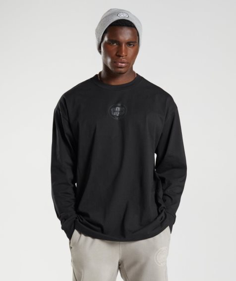 Men's Gymshark GS10 Year Oversized Long Sleeve T-Shirts Black | CA 5176N0